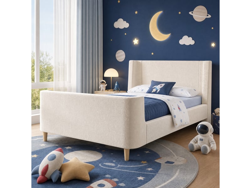  Lit enfant traîneau 90x200 cm en velours beige à motif spatial  - Conforama B