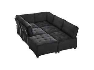 Canapé modulable convertible 6 places en velours côtelé noir – 308 x 154 x 81,99 cm
