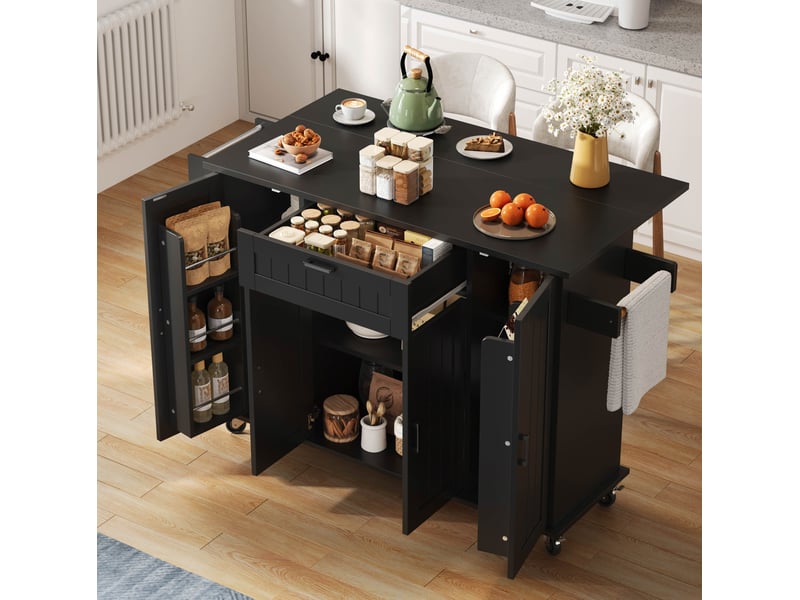  Desserte de cuisine noire 120x70x95 cm avec plateau rabattable, 4 portes  - Conforama B