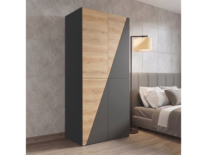  Armoire de chambre 90 x 50 x 200 cm - avec boîtes de rangement en vlies 2 portes 2 tiroirs étagères – mdf - bois et gris  - Conforama C