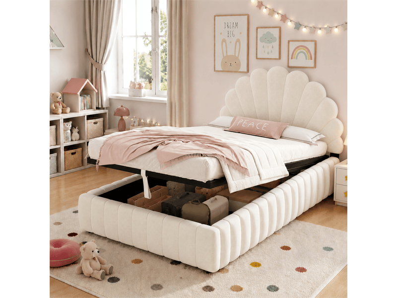  Lit enfant coffre rembourré 90x200 cm avec grand rangement hydraulique, tête de lit capitonnée en forme de fleur, sommier à lattes, velours, beige  - Conforama B