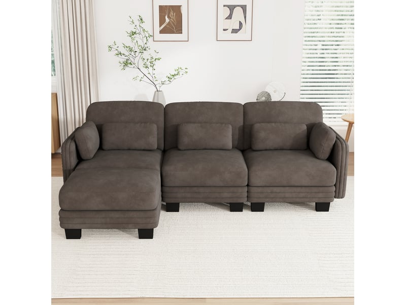 Canapé modulable d'angle 3 places 253x143x88 cm avec pouf en chenille marron - Conforama D