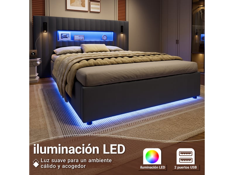  Lit coffre hydraulique ulevr 140 x 200 cm avec 2 tables de chevet, liseuses réglables led et 2 ports usb, velours gris foncégris  - Conforama D