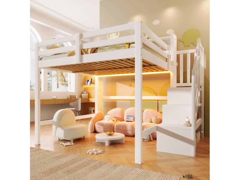  Lit mezzanine enfant 140x200 cm avec led et escalier de rangement blanc  - Conforama D
