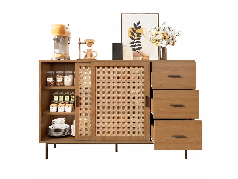 Buffet avec 2 portes coulissantes en rotin, 3 tiroirs et étagères réglables, naturel, 140 x 37 x 91 cm - Conforama A