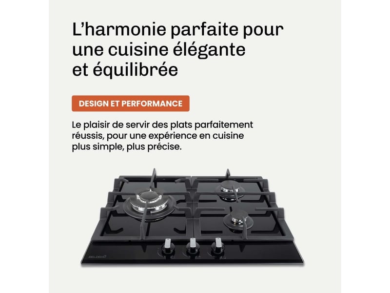  Beldeko plaque de cuisson gaz 3 feux 60 cm verre noir - grilles fonte - marque française  - Conforama C