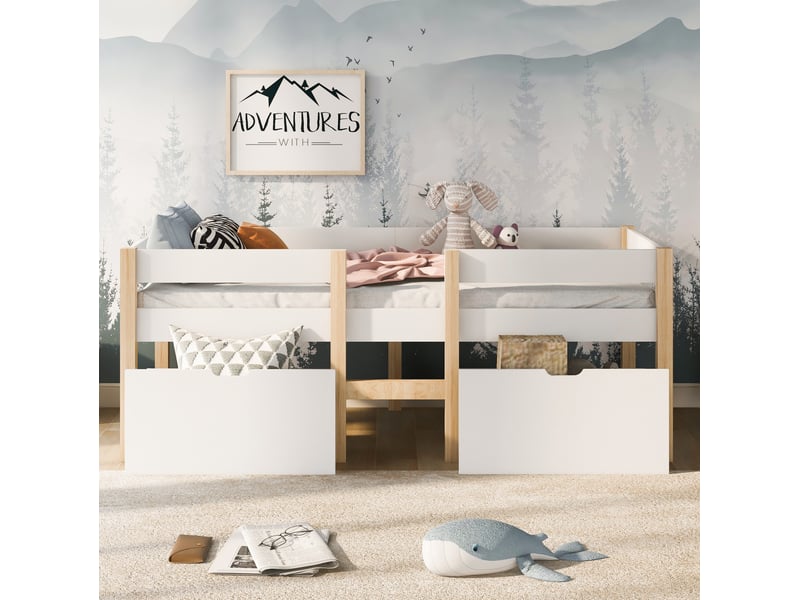  Lit enfant mi-hauteur 90x200 cm avec tiroirs et barrière blanc et chêne clair  - Conforama D