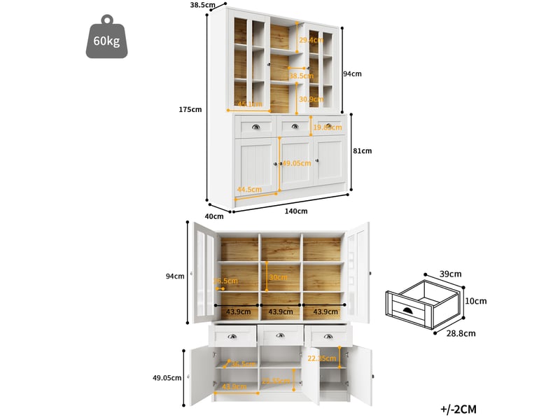 Buffet haut blanc, 140x38,5x175 cm, mdf et acrylique, portes coulissantes, tiroirs et étagères réglables pour la cuisine - Conforama B