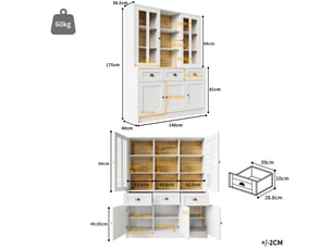 Buffet haut blanc, 140x38,5x175 cm, mdf et acrylique, portes coulissantes, tiroirs et étagères réglables pour la cuisine