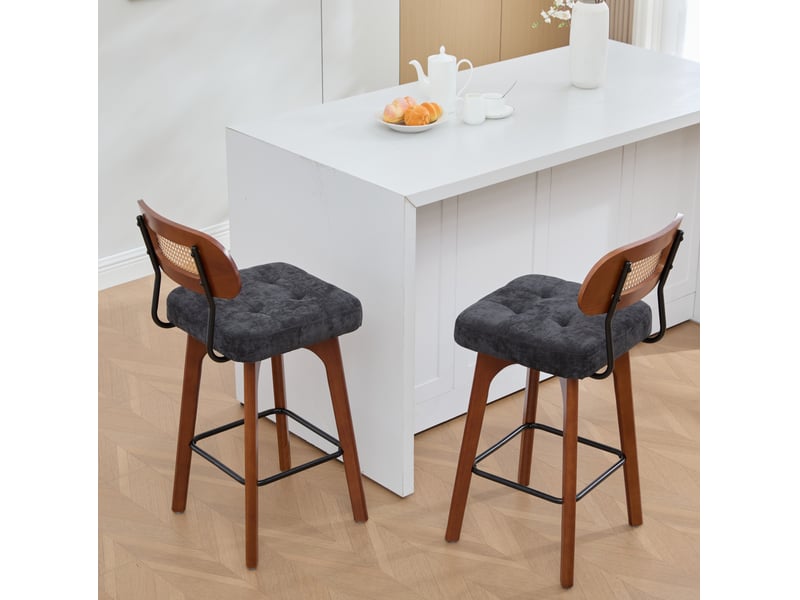  Lot de 2 tabourets de bar 44 x 51 x 96 cm noirs en chenille et rotin, avec rotation à 360 degrés  - Conforama B