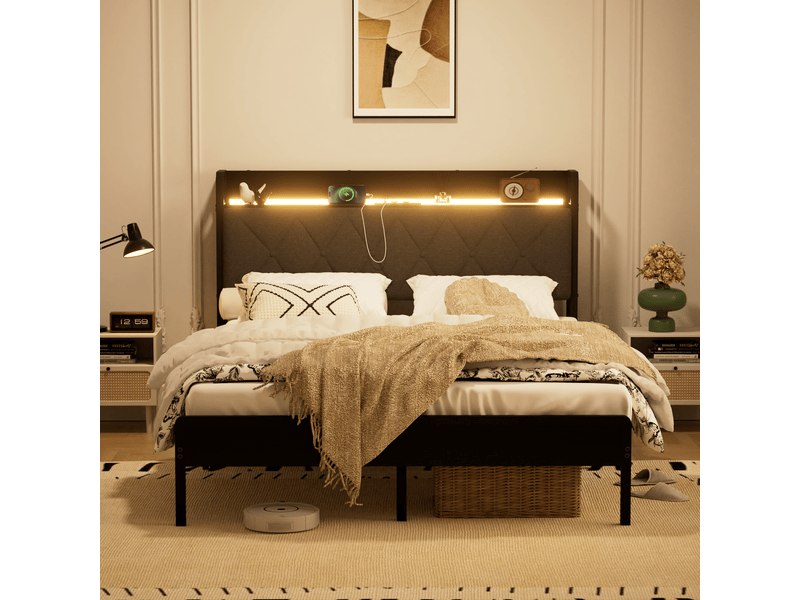  Lit double 140x190 avec tête de lit capitonnée led et station de charge usb - cadre métal noir gris  - Conforama E