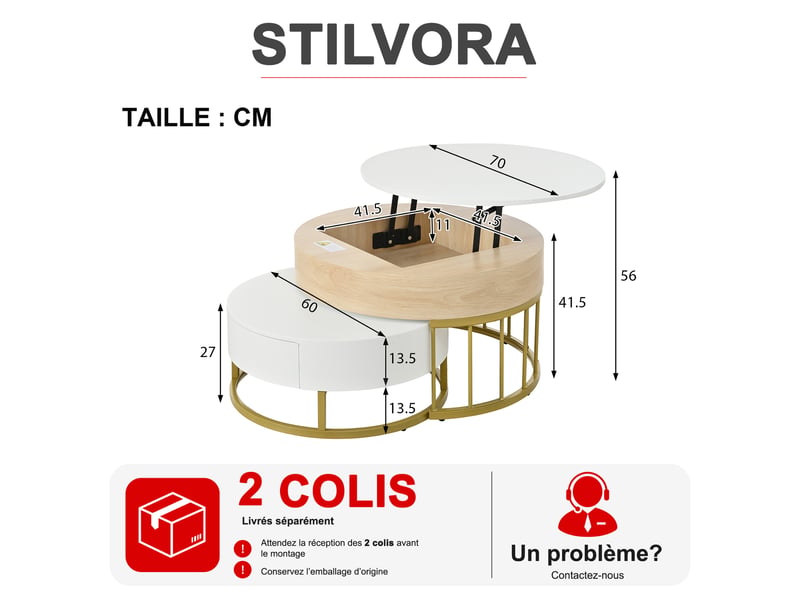  Tables basses gigognes rondes avec plateau relevable et tiroir, en mdf blanc effet bois et métal doré  - Conforama D