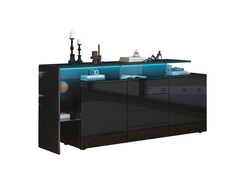  Buffet 2 portes, 4 tiroirs et led pour salon 160×35×70 cm en panneaux de particules noir  - Conforama A