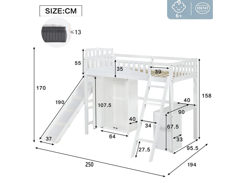  Modenvie lit mezzanine enfant 90x200 cm - avec toboggan, bureau et armoire, sans matelas - blanc  - Conforama C