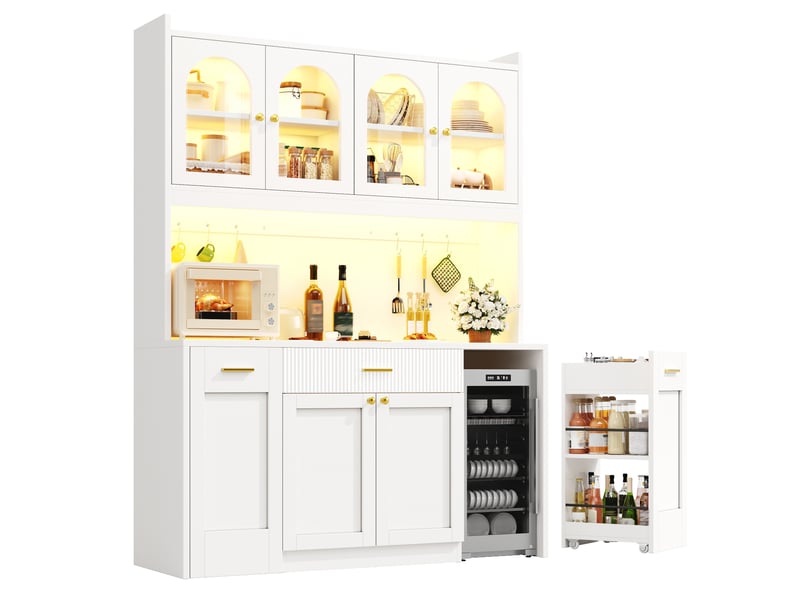  Buffet haut de cuisine 120 x 40 x 187 cm avec led rgb, 3 vitrines, tiroirs et rangements coulissants, blanc  - Conforama A