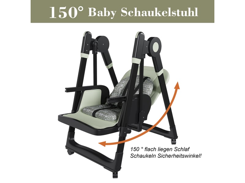 Chaise haute bébé 2 en 1 transat, harnais 5 points, plateau réglable et roues freinées, polypropylène vert foncé - Conforama E