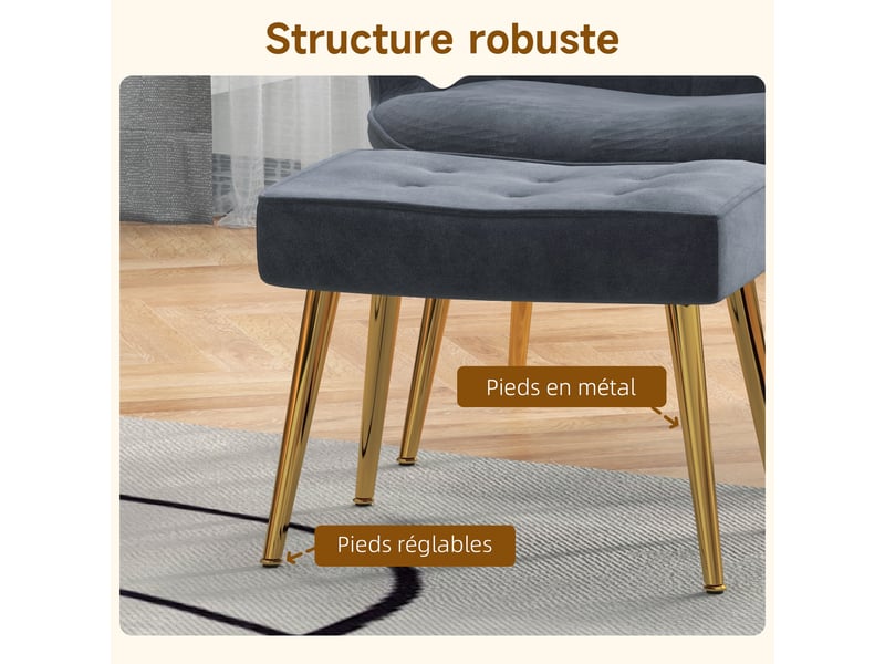  Fauteuil avec repose-pied en velours capitonné dossier haut pieds dorés gris foncé  - Conforama E