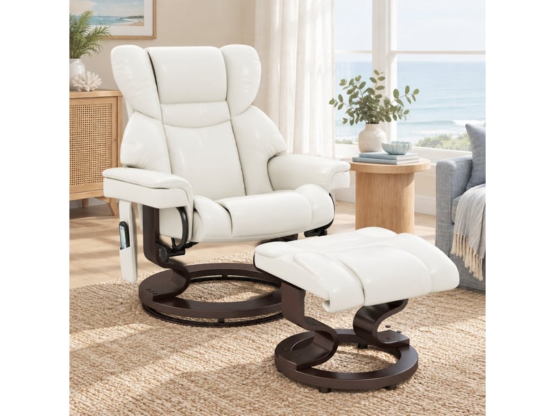 Fauteuil relax électrique massant 145° pivotant blanc crème avec repose-pieds - Conforama E
