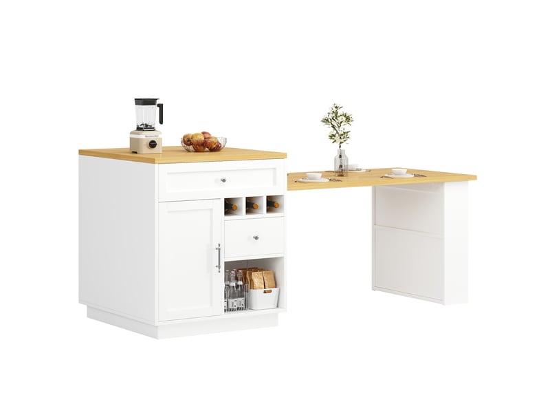  Îlot de cuisine extensible blanc et bois 121-195x70x93,5cm, table coulissante, rangements fermés, tiroirs et porte-bouteilles intégré, espace optimisé  - Conforama A