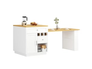 Îlot de cuisine extensible blanc et bois 121-195x70x93,5cm, table coulissante, rangements fermés, tiroirs et porte-bouteilles intégré, espace optimisé