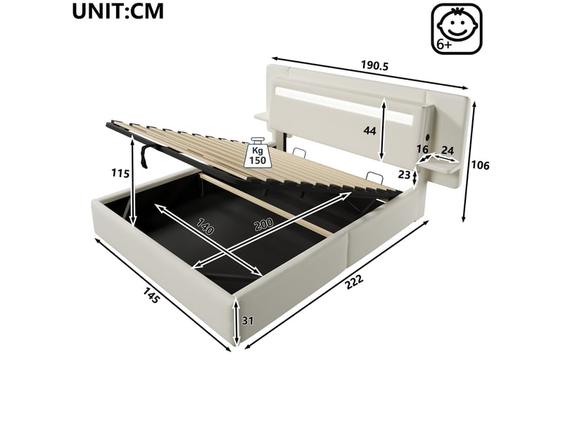  Lit coffre 140 × 200 cm avec rangement hydraulique, chevet intégré, usb et led multicolore pour chambre en tissu beige  - Conforama C