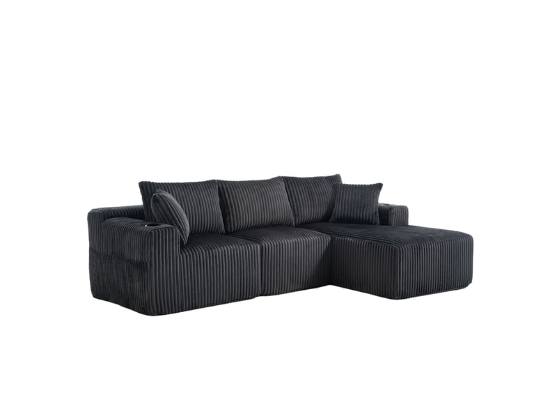 Canapé modulable 257 x 90-160 x 62 cm, méridienne, module 2 places, 5 coussins, porte-gobelets, poches latérales, velours côtelé, gris Seren Glow - Conforama A