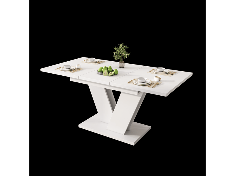 Table à manger rectangulaire extensible blanche en mdf 120-160 cm, 4 à 8 couverts, piètement en v design pour salle à manger - Conforama D