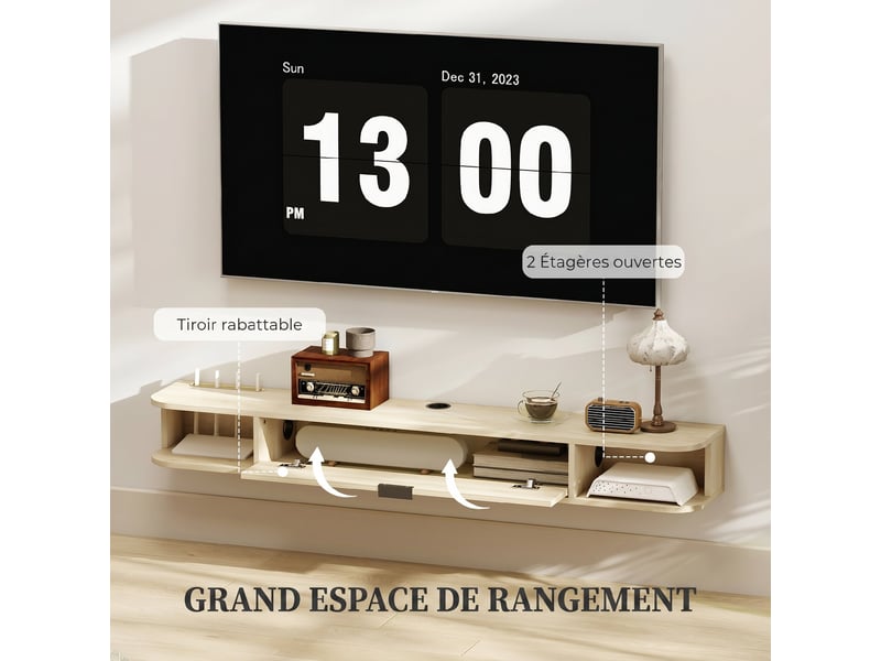  Meuble tv suspendu jusqu'à 60 pouces, abattant, 2 niches, passe-câbles, effet bois naturel, 140 x 24 x 16 cm  - Conforama E