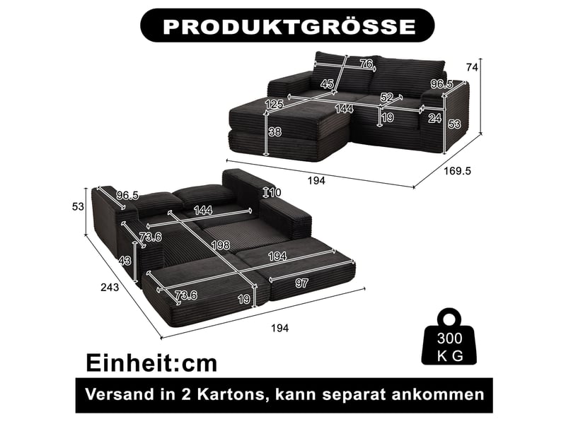  Canapé convertible ulevr 2 places modulable avec pouf amovible en velours côtelé noir  - Conforama C