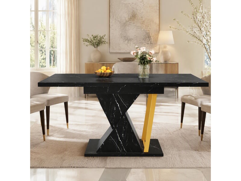  Table à manger extensible 110-140x80x76 cm, plateau à l'aspect marbre (matériau non marbré), rallonge intégrée, couleur noir, en mdf et structure métallique  - Conforama B