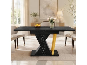 Table à manger extensible 110-140x80x76 cm, plateau à l'aspect marbre (matériau non marbré), rallonge intégrée, couleur noir, en mdf et structure métallique