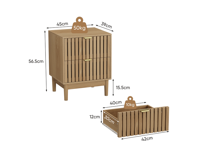  Table de chevet 45x39x56,5 cm, 2 tiroirs, rangement, pieds en bois, poignées métal doré, mdf, chêne clair  - Conforama C