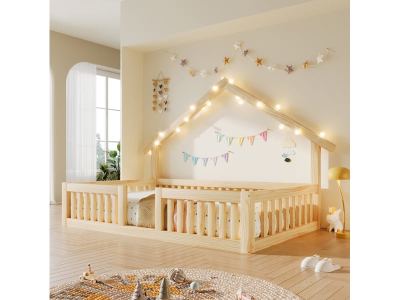  Lit enfant 90 × 200 cm 1 place avec barrières de sécurité et éclairage led, sans matelas, en bois naturel  - Conforama C