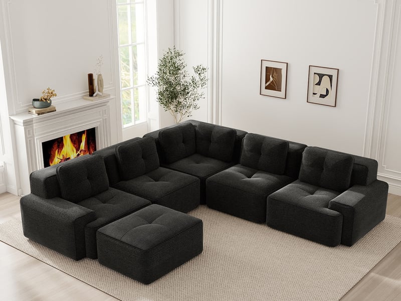  Canapé modulable d’angle sans cadre avec ottomane en velours côtelé noir  - Conforama B