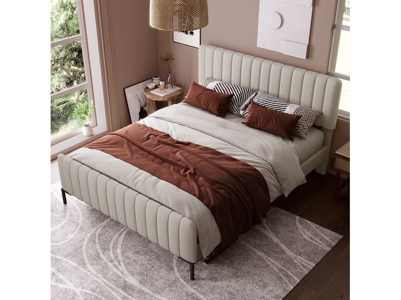  Lit double rembourré 160 x 200 cm gris-beige avec sommier à lattes et tête de lit réglable  - Conforama C