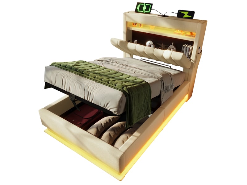 Lit coffre 1 place 90x200 cm avec led et ports usbtype-c, beige, revêtement en lin - Conforama A