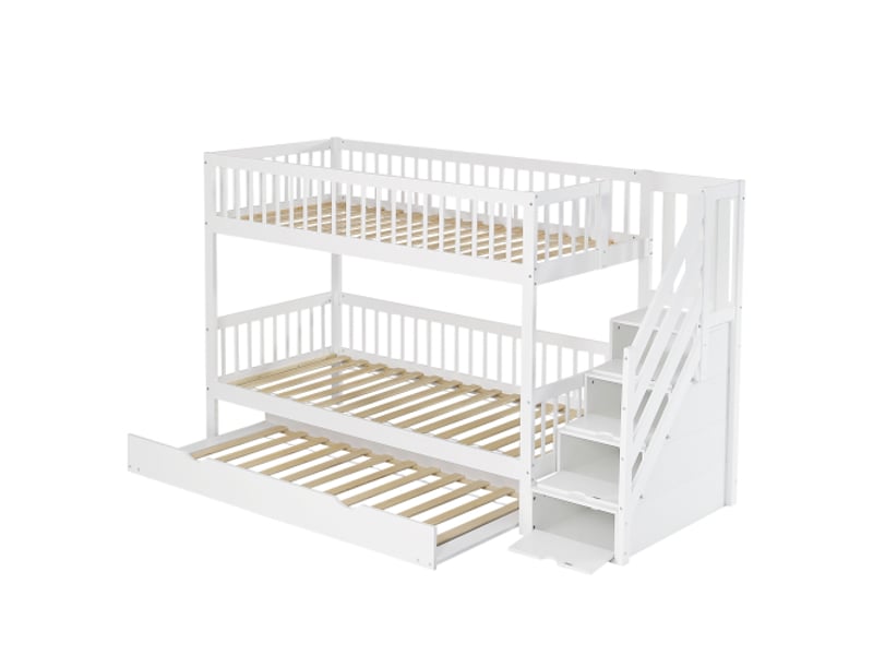  Lit superpose avec rangement pin+mdf, lit à roulettes, escalier‑rangement main courante, barrières anti‑chute tout autour,blanc  - Conforama D