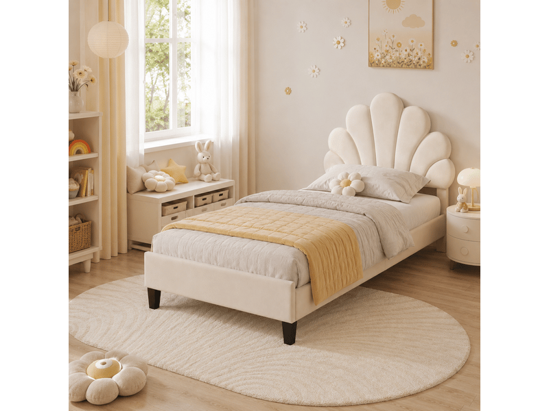  Lit enfant rembourré 90x200, lit simple avec tête de lit en forme de fleur et sommier à lattes, lits 1 personne pour fille adolescent, velours, sans matelas, beige  - Conforama A