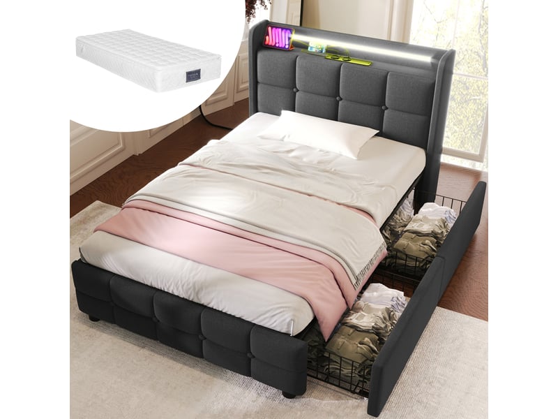  Lit 1 personne 90x200 cm avec matelas et 2 tiroirs, tête de lit avec usb et led, lit enfant avec sommier à lattes en bois, gris  - Conforama A