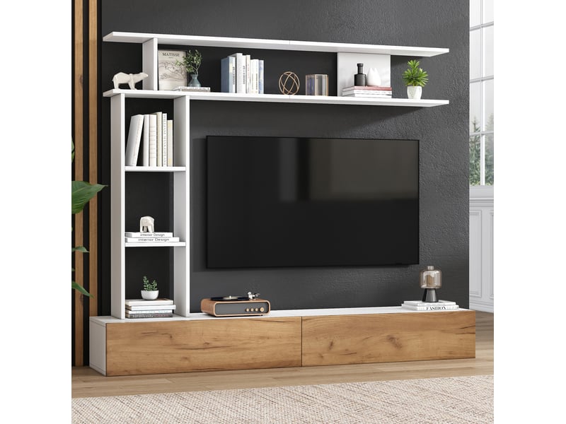 Meuble tv avec 2 portes abattantes et rangements ouverts, à poser ou suspendre, blanc et chêne, 180 × 35 × 22,5 cm - Conforama D