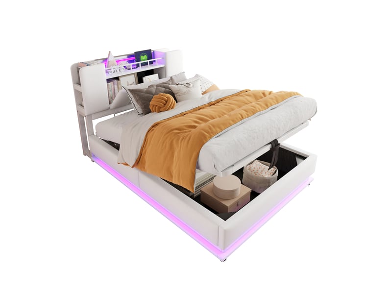  Lit enfant 90x200 cm rangement hydraulique, éclairage led et port usb en velours beige  - Conforama A