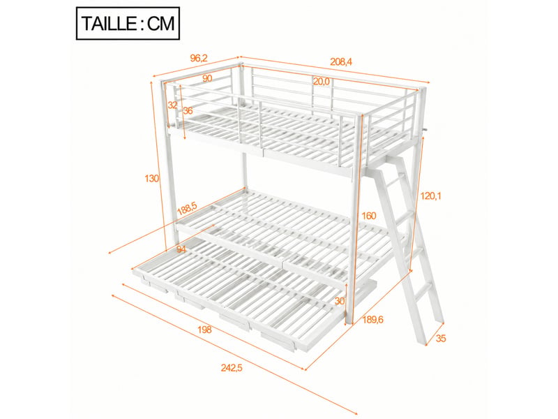 Lit superposé en métal, lit 3 places avec couchage inférieur extensible, 90x200 et 180x200 cm, sans matelas, blanc - Conforama D