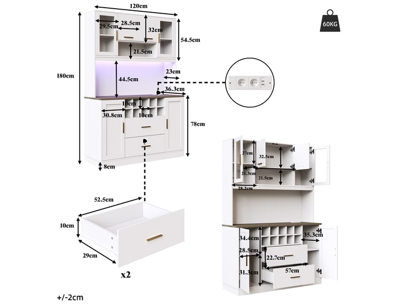  Buffet de cuisine 6 portes 2 tiroirs - 120 cm blanc led mdf buffet de cuisine blanc - Conforama C