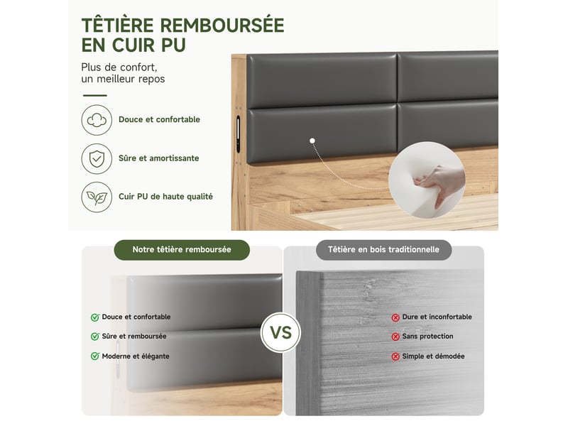 Lit enfant 2 places 140x200 cm avec tiroirs, grands rangements, niches coulissantes, usb et usb-c, veilleuse, tête de lit rembourrée pu, mdf naturel - Conforama E