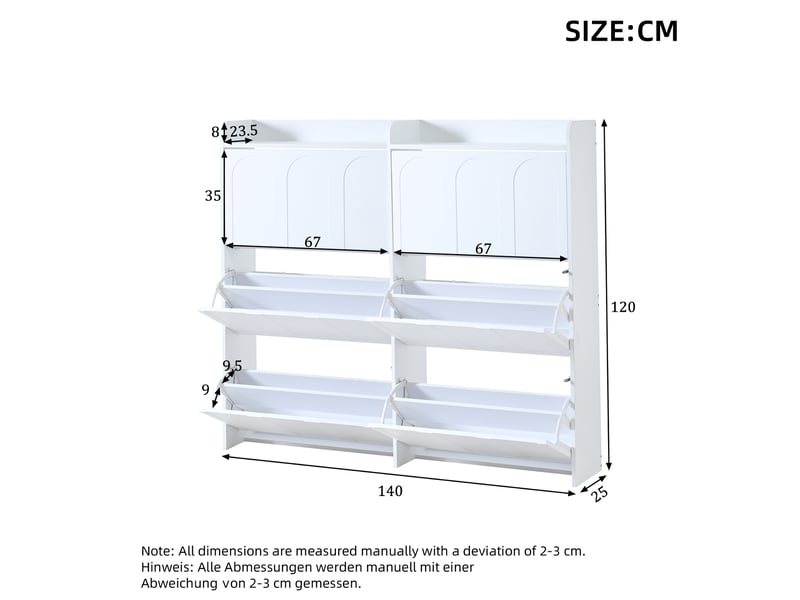  Lot de 2 meubles à chaussures à 6 portes abattantes, 140x25x120 cm, mdf blanc  - Conforama E
