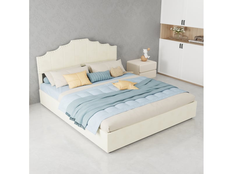  Lit 160 x 200 cm beige en bois et tissu avec matelas inclus  - Conforama C