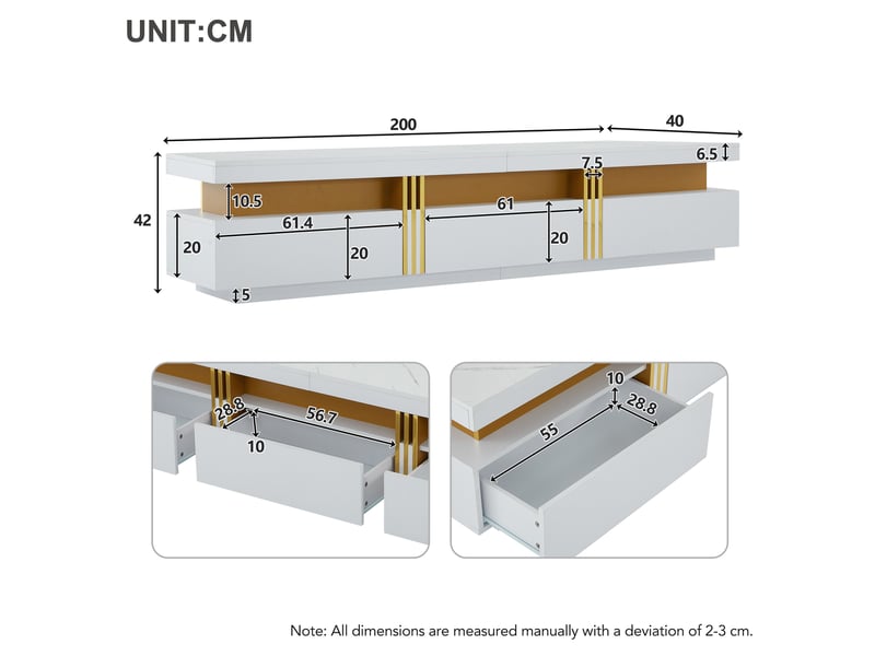  Meuble tv avec table basse, 3 tiroirs et 2 tiroirs, finition marbre, pour salon, blanc, en panneaux de particules  - Conforama D