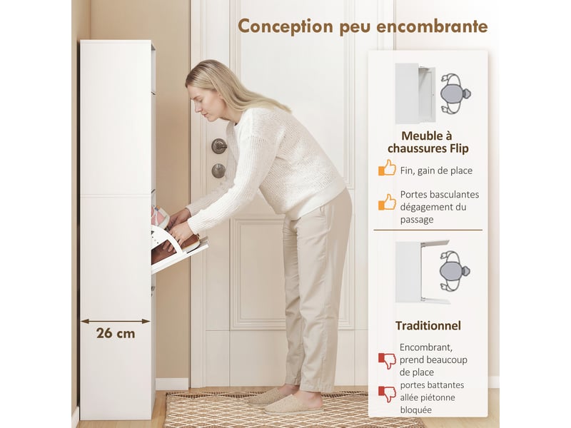 Meuble à chaussures 18 paires, armoire à chaussures étroite, 3 tiroirs rabattables, étagères réglables, blanc - Conforama E