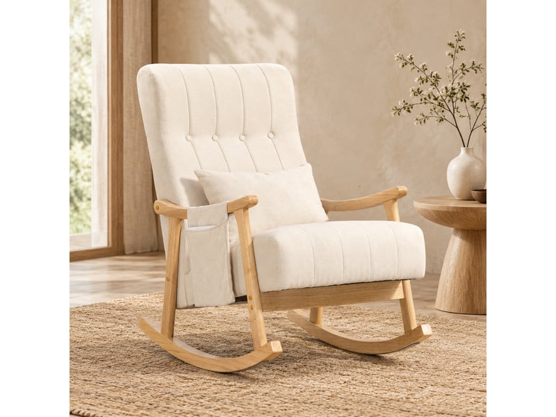  Chaise à bascule rembourrée 65x90x98 cm, soutien lombaire, poche latérale, polyester beige, structure en bois  - Conforama B