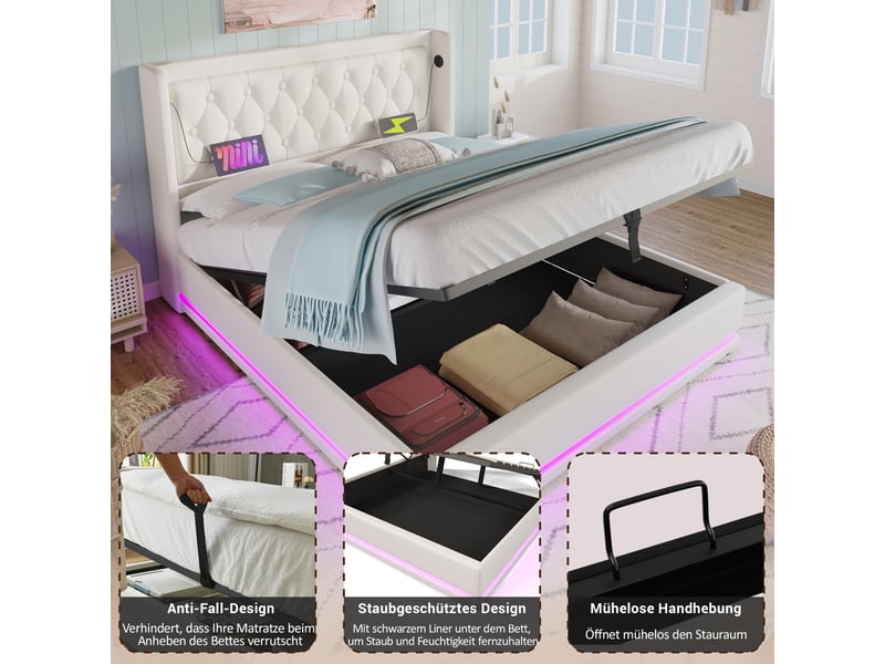 Lit coffre 180x200 cm, rangement hydraulique, led 3 côtés, usb et usb-c, tête de lit capitonnée à oreilles, simili cuir pu - blanc  - Conforama D